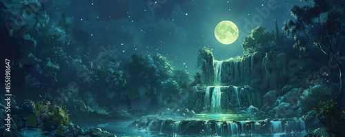 A mystical fountain glistens in the moonlight, its waters said to hold the key to eternal youth and boundless wisdom.