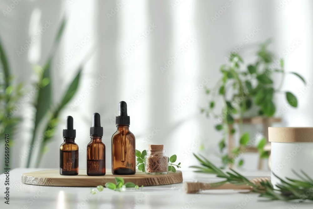 Natural medicine concept with deopper and bottles with plant essence on table and white background. Horizontal composition. Front view. Natural medicine concept with deopper and bottles with plant essence on table and white background. Horizontal composition. Front view.