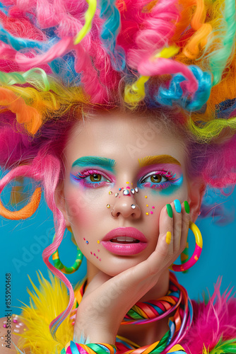 Beauty Girl Portrait with Colorful Makeup, Hair, Nail polish and Accessories. Colourful Studio Shot of Funny Woman. Vivid Colors. Manicure and Hairstyle. Rainbow Colors
 photo