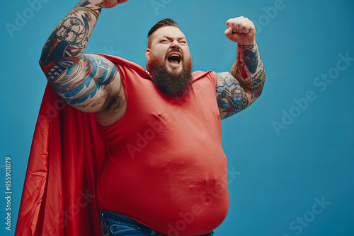 Funny plump man superhero looks gladfully aside entertains children at home dressed in carnival costume poses against blue studio background. Overweight tattooed European man has super power
 photo