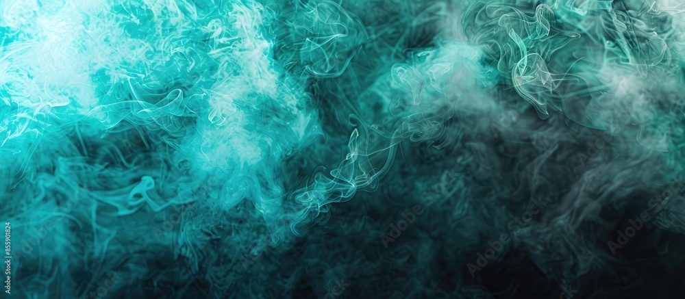 Obraz premium Blue and green cloud of smoke of black isolated background. Background from the smoke of vape. Copy space image. Place for adding text and design