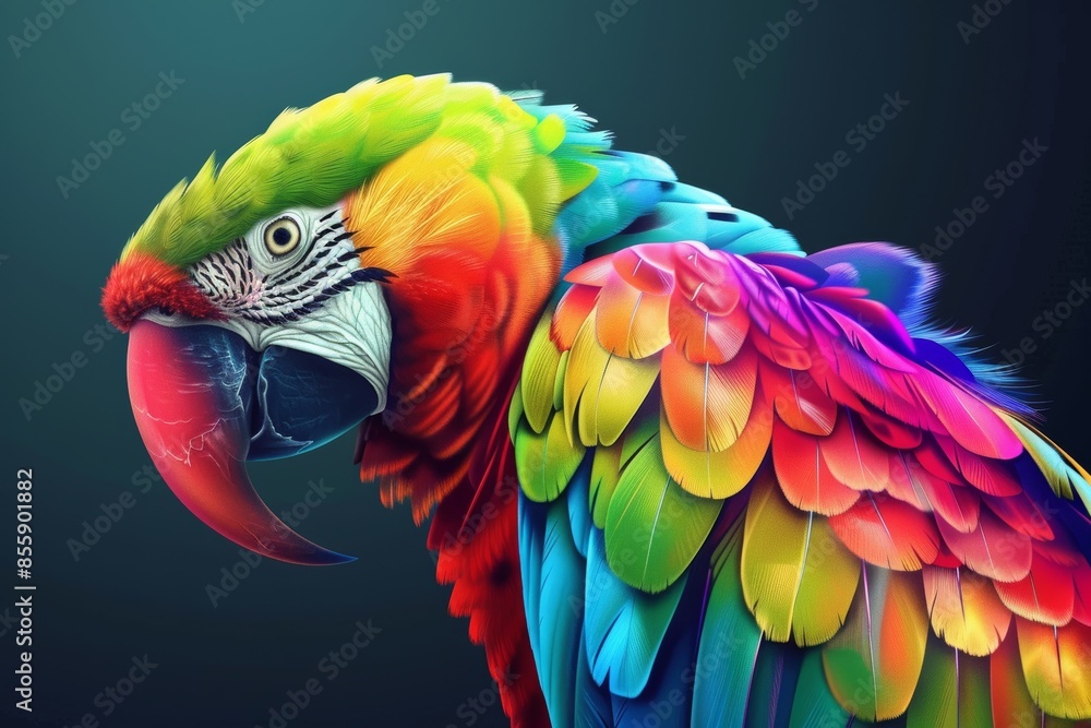 Obraz premium tropical parrot bird with rainbow colored feathers realistic illustration on turquoise green background