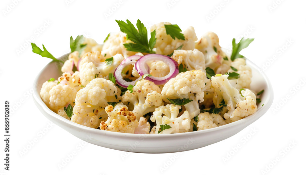 Roasted cauliflower salad with red onion parsley in white bowl isolated on transparent background, vegetarian Roasted cauliflower salad with red onion parsley in white bowl isolated on transparent background, vegetarian