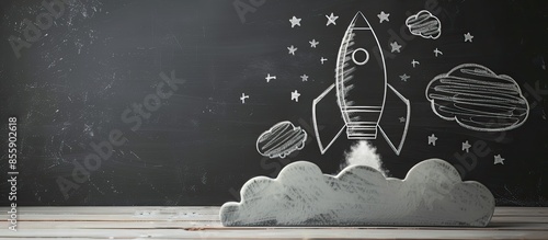 Creative rocket lamp sketch on chalkboard wall background. Startup and innovation concept. Copy space image. Place for adding text or design photo