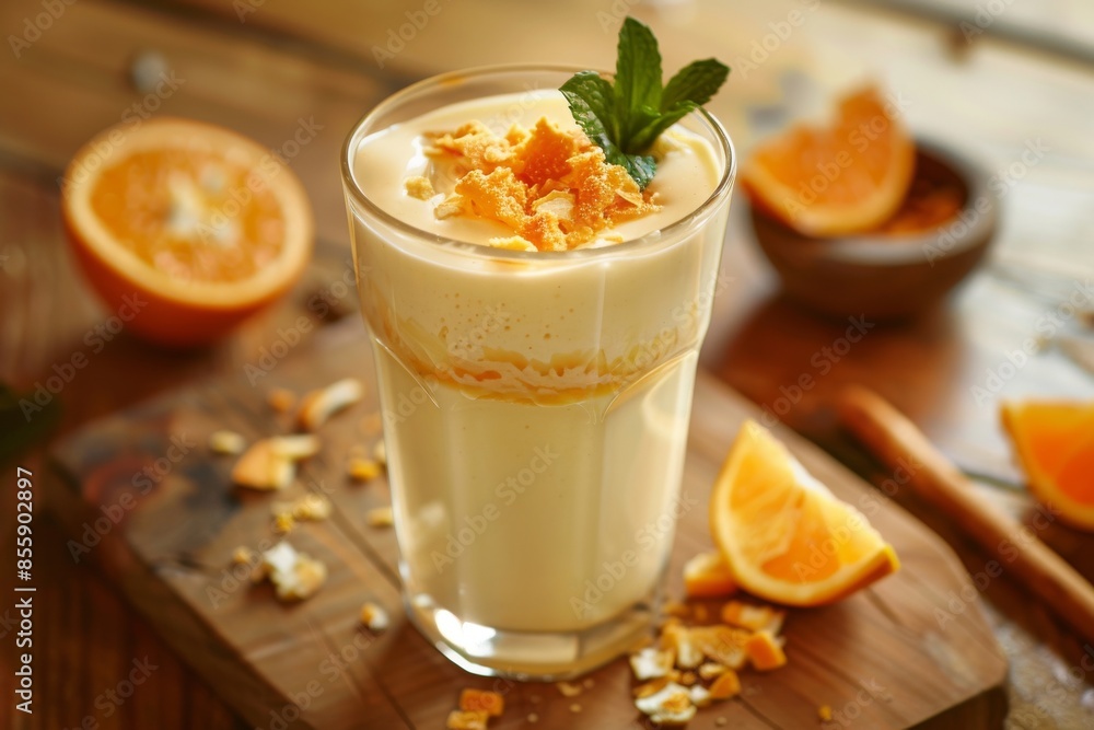 Organic orange milkshake with pieces of fruit on wooden table Organic orange milkshake with pieces of fruit on wooden table