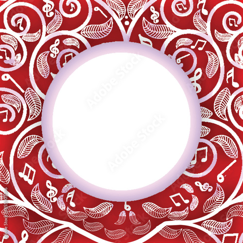 Music Notes with Leaves Decorated on Red Background and Blank Circular Frame.