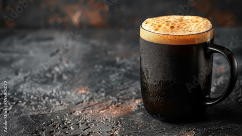 A frothy dark beer in a black mug on a textured surface. photo