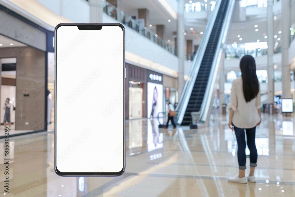 There is a huge smartphone in the mall, a woman is standing next to it
There is a huge smartphone in the mall, a woman is standing next to it