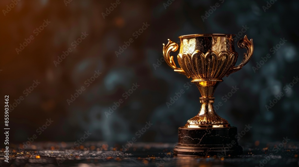 Award winning image of an empty, dark table top with with a single pompous golden trophy, dark background Award winning image of an empty, dark table top with with a single pompous golden trophy, dark background