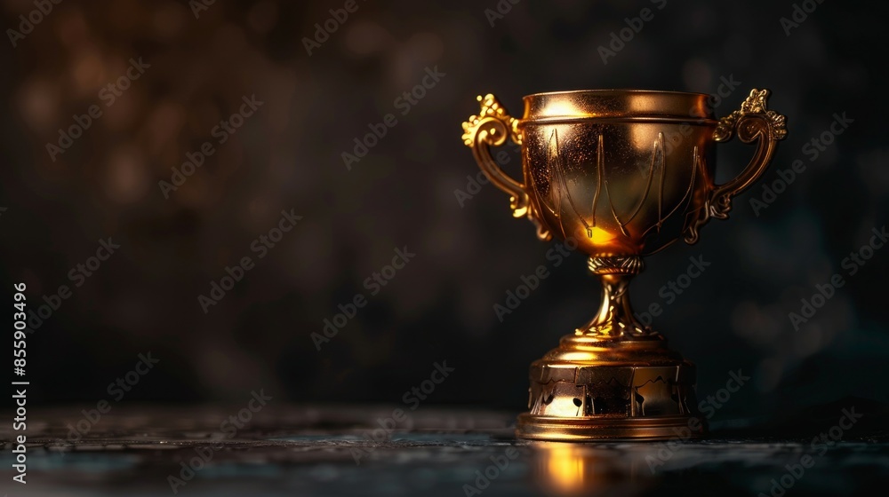 Award winning image of an empty, dark table top with with a single pompous golden trophy, dark background Award winning image of an empty, dark table top with with a single pompous golden trophy, dark background
