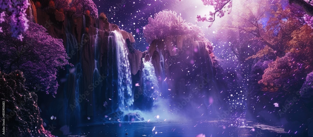 Beautiful mystical landscape with a crystal waterfall and a beautiful purple forest in the cosmic space. Copy space image. Place for adding text or design Beautiful mystical landscape with a crystal waterfall and a beautiful purple forest in the cosmic space. Copy space image. Place for adding text or design
