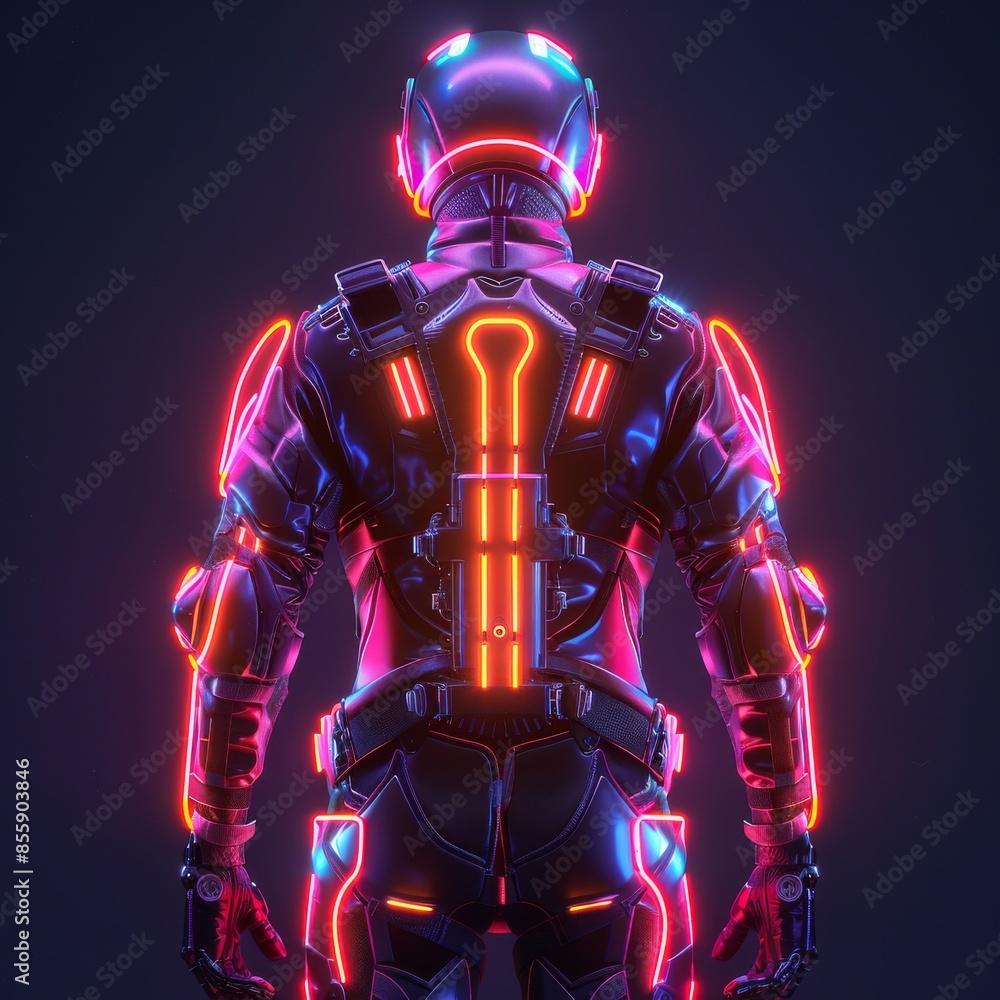 Fototapeta premium Bionic exoskeleton for enhanced mobility, detailed 3D rendering, modern and sleek design, vibrant neon lighting