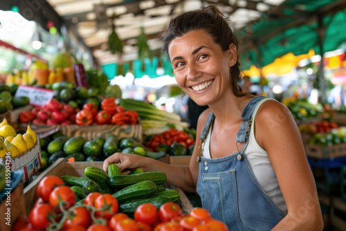 Greengrocer smiling and choosing a cucumber from a crate full of fresh produce while working in her store at the farmers market