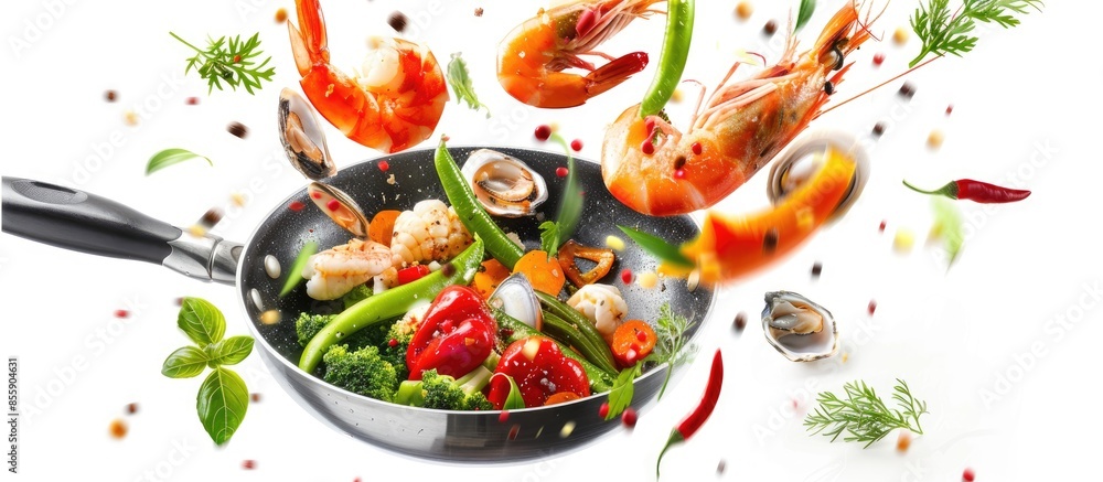 Fresh sea food vegetables flying into a pan, isolated on white background. Food preparation, fresh meal ready for cooking. Extra high resolution. Copy space image. Place for adding text or design Fresh sea food vegetables flying into a pan, isolated on white background. Food preparation, fresh meal ready for cooking. Extra high resolution. Copy space image. Place for adding text or design