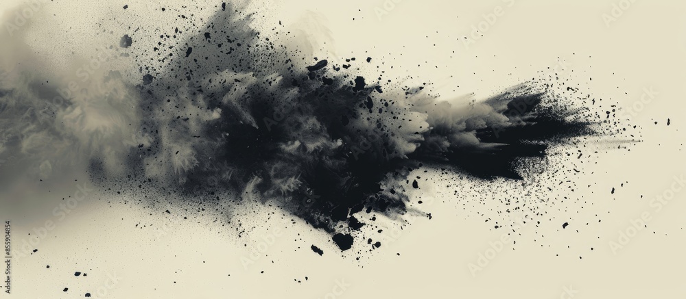 Obraz premium Black particles explosion Isolated on pastel background. Abstract dust overlay texture. Copy space image. Place for adding text and design
