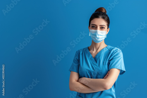 Female doctor is standing with her arms crossed wearing a surgical mask on a blue background photo