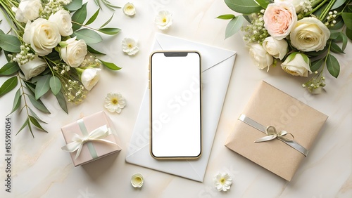 Blank screen phone on wedding background mockup. White blank screen phone wedding invitation mockup. Wedding Stationery Mockup.