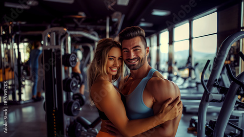 Happy athletic couple posing in the gym.