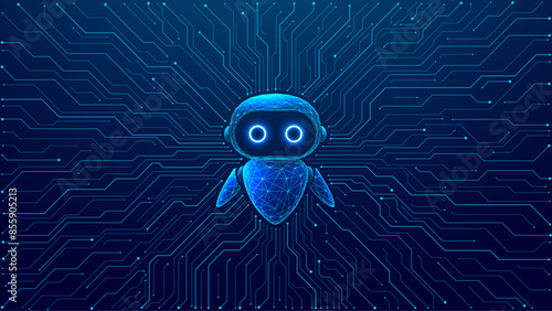 Abstract digital AI robot on circuit board light blue background. Chat bot and circuit tech bg. Digital character in low poly wireframe vector illustration. 3D polygonal futuristic bot.