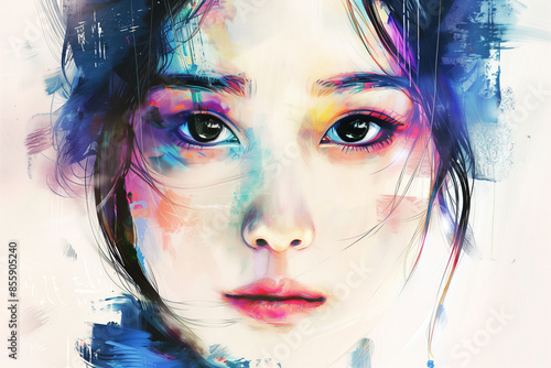 Asian young woman creative artistic portrait. Beautiful colorful portrait on white background