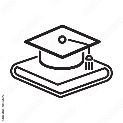 Simple graduation hat and book logo or icon, black vector illustration on white background