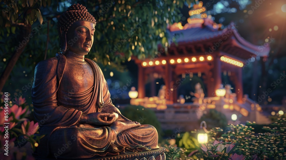 Fototapeta premium Lord Buddha statue in the garden. Selective focus. Copy space.