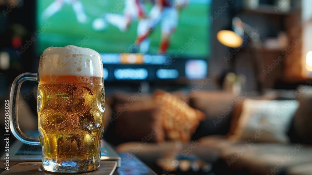 A glass of chilled beer and a live soccer match in the blurry background A glass of chilled beer and a live soccer match in the blurry background