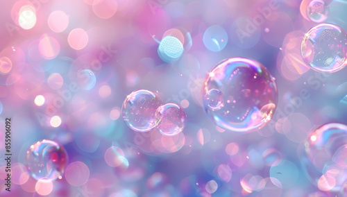 Colorful pastel soap bubbles background with soft focused bokeh lights