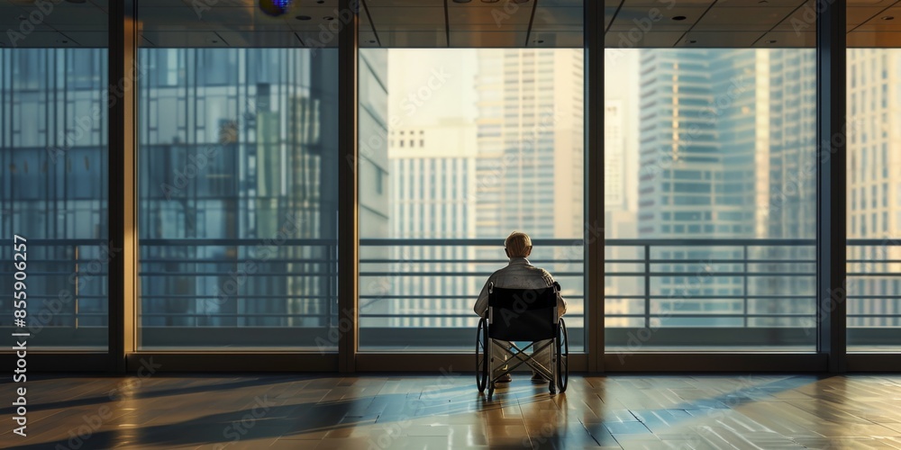 Fototapeta premium Lonely Elderly Man in Wheelchair Gazing Out the Window at Skyscrapers, Inside a Modern Minimalist Decor Room. Concept of Caring for Empty Nest Seniors. High-Resolution Background Generated by AI