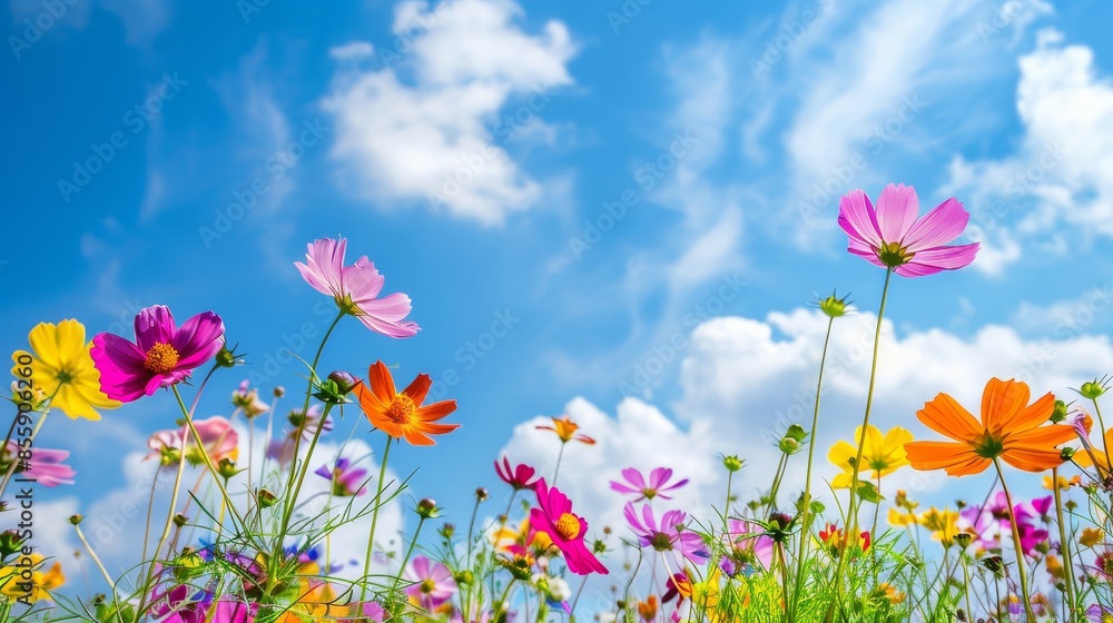 Colorful garden of wild flowers: Nature palette blurred background of sky and flowers Colorful garden of wild flowers: Nature palette blurred background of sky and flowers