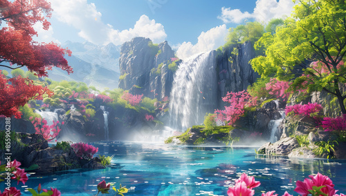 A fantasy landscape with waterfalls, lush greenery, and colorful flowers in a serene environment photo