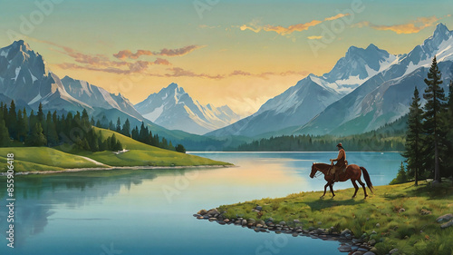 illustration of a man riding a horse on a lake