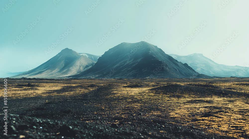Foggy mountain landscape with a large dark mountain in the center smaller mountains in the background and a rocky plain in the foreground covered in moss and grass Foggy mountain landscape with a large dark mountain in the center smaller mountains in the background and a rocky plain in the foreground covered in moss and grass