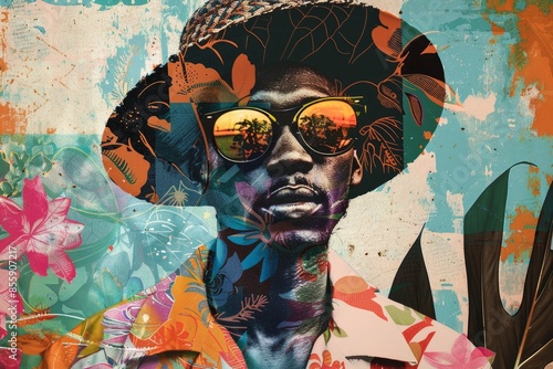 Portrait of a young stylish African American man in sunglasses and a hat, illustration in the style of a paper collage, poster for summer holidays. Fashionable abstract design in the art style.