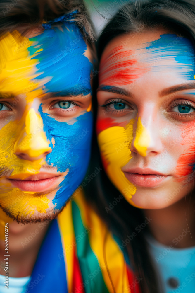 Obraz premium European football championship UEFA Euro 2024. a couple fan of the soccer team with your faces painted with the colors of your team