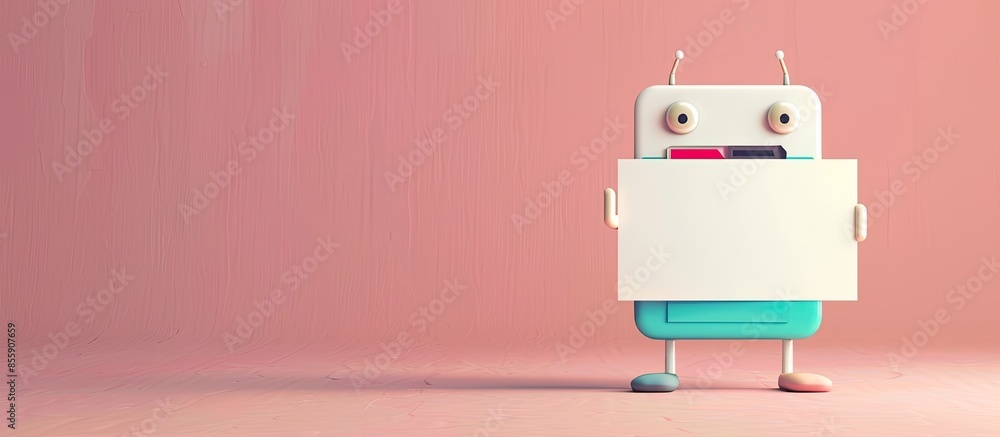 Floppy disk character holding blank banner Isolated on pastel background. . Copy space image. Place for adding text and design Floppy disk character holding blank banner Isolated on pastel background. . Copy space image. Place for adding text and design
