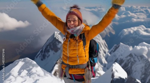 A woman with a happy smile stands proudly on mountain peak achievement and success