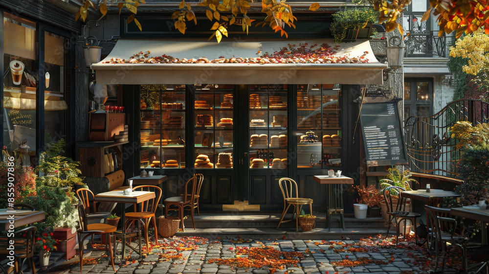 Quaint European cafe with outdoor seating on a cobblestone street in autumn Quaint European cafe with outdoor seating on a cobblestone street in autumn