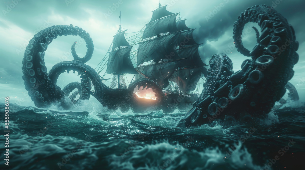 Majestic kraken emerges beside old ship in the dark ocean Majestic kraken emerges beside old ship in the dark ocean