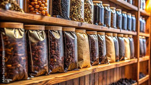 A series of high-quality, artisanal coffee beans and tea leaves packages lined up on a wooden shelf in a local gourmet shop, inviting customers to explore a world of exquisite flavors and aromas photo