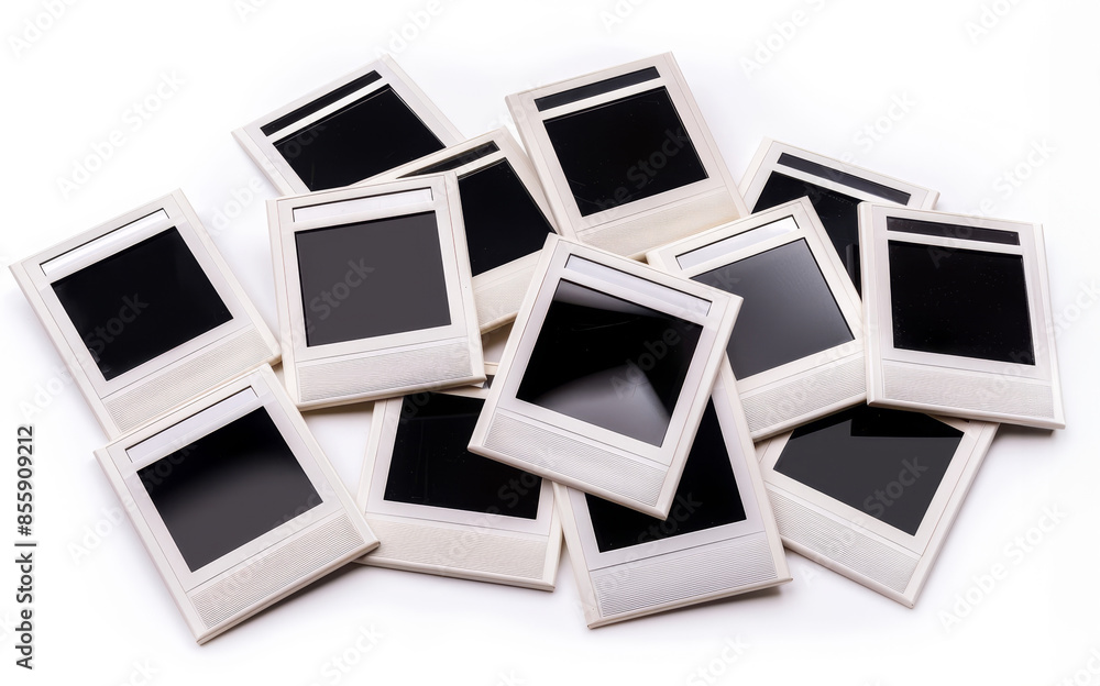 Collection of blank white Polaroid photo frames arranged in a scattered collage Collection of blank white Polaroid photo frames arranged in a scattered collage