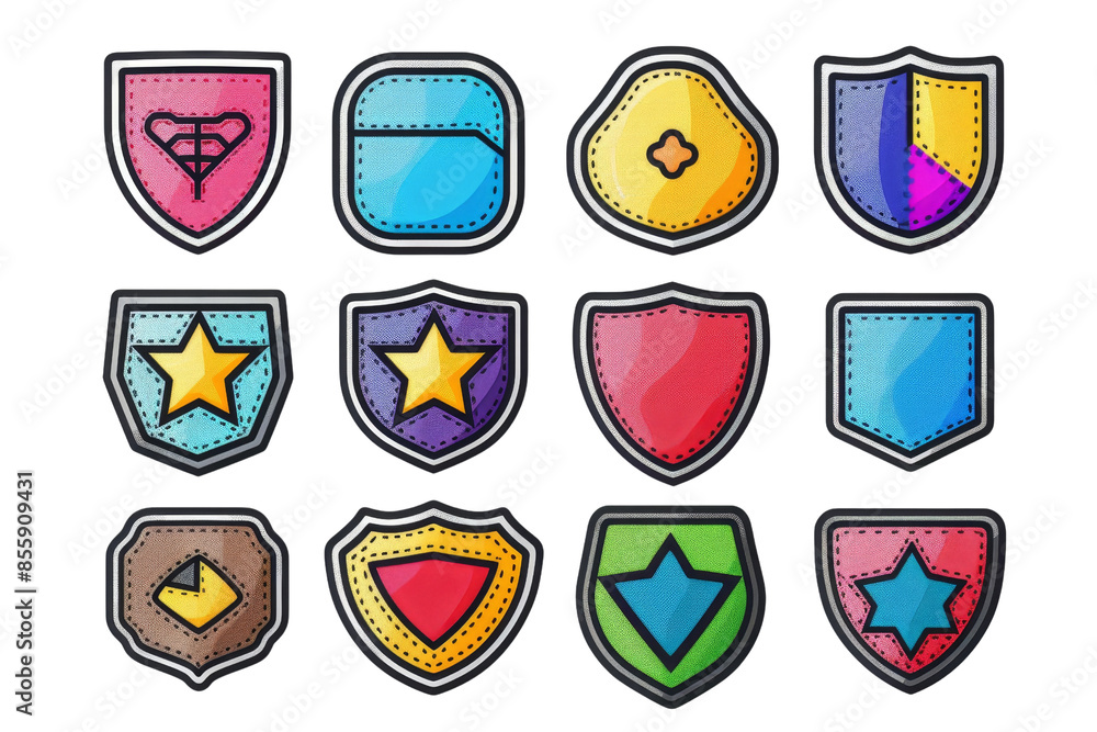 Colorful cartoon shields featuring various symbols and designs, perfect for game development, icons, or graphic design. Colorful cartoon shields featuring various symbols and designs, perfect for game development, icons, or graphic design.