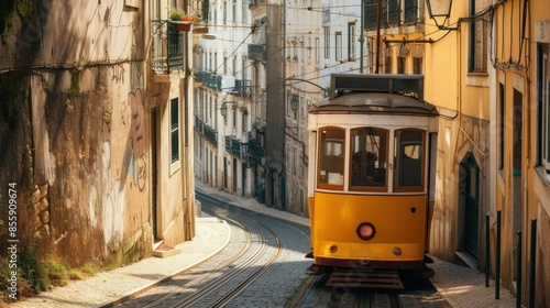 Romantic Lisbon street with the typical yellow tram and Lisbon Cathedral on the background