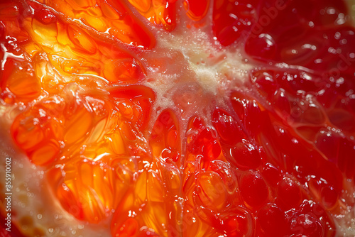 Slice of citrus fruit with backlit, abstract macro photography sicilian blood orange fruit close up background
 photo