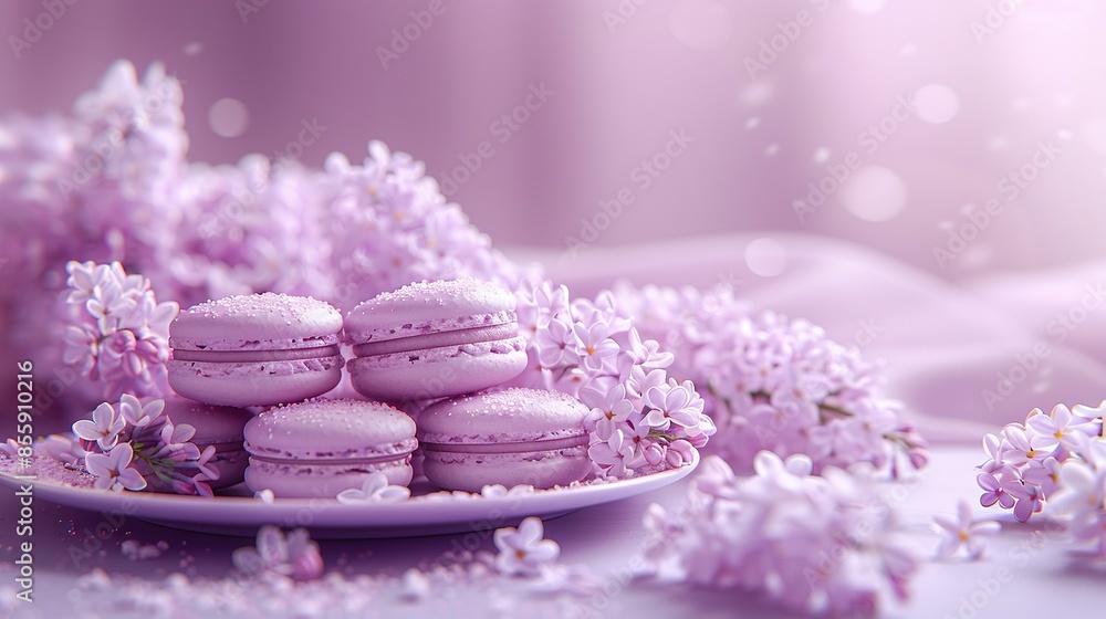 A plate brimming with vibrant macaroons is perched atop a table, adorned with floral accents beside it A plate brimming with vibrant macaroons is perched atop a table, adorned with floral accents beside it