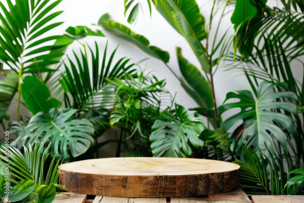 Rustic wooden pedestal set against a backdrop of lush green tropical foliage. Ideal for product displays or natural-themed presentations Rustic wooden pedestal set against a backdrop of lush green tropical foliage. Ideal for product displays or natural-themed presentations