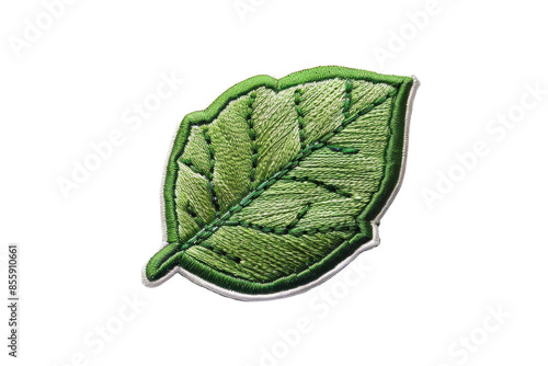 Embroidered green leaf patch with detailed stitching on transparent background. Ideal for fashion, crafts, and DIY projects. photo