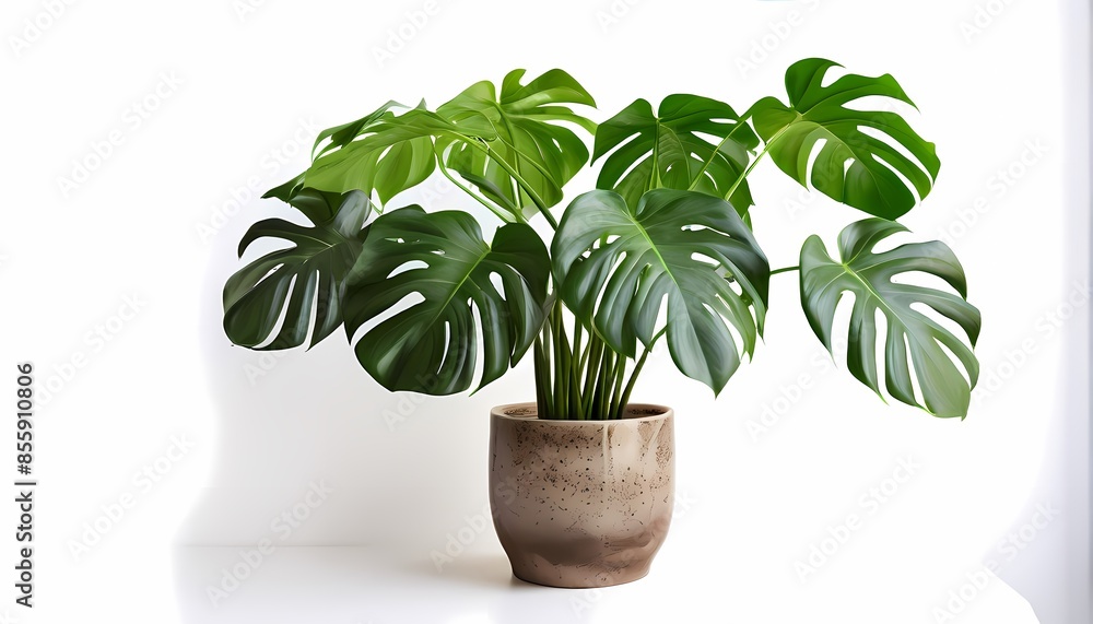Monstera plant in a ceramic pot in front of a white background, AI Generated Monstera plant in a ceramic pot in front of a white background, AI Generated