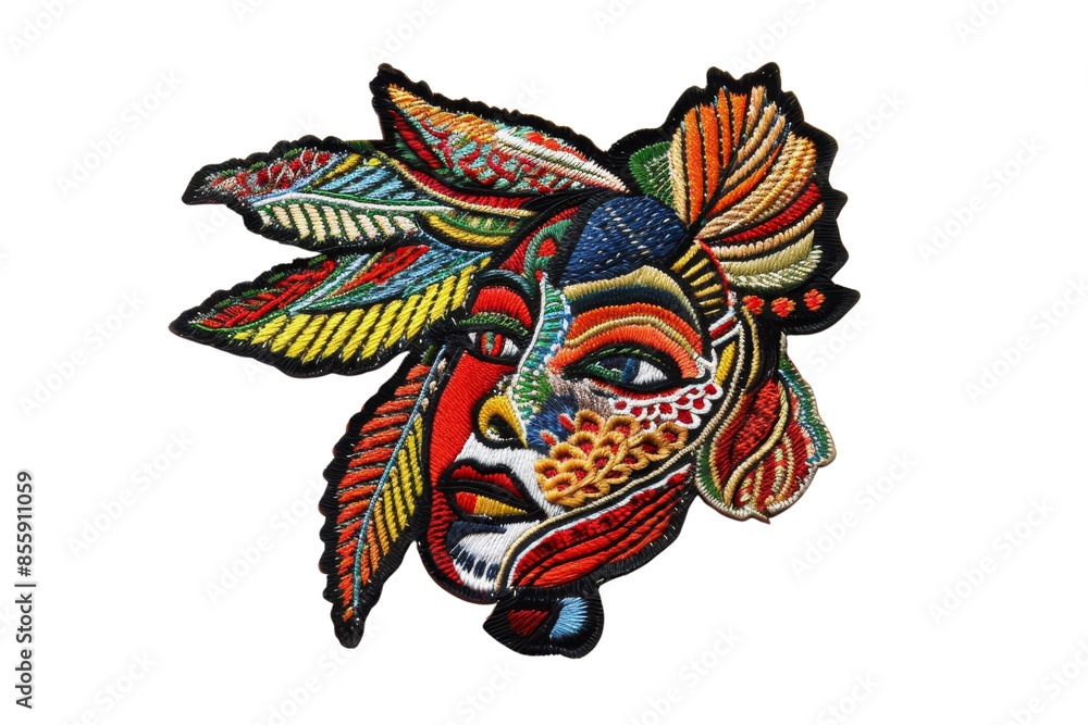 Fototapeta premium Vibrant abstract face art with colorful patterns and intricate designs, featuring a blend of feathers and geometric shapes.