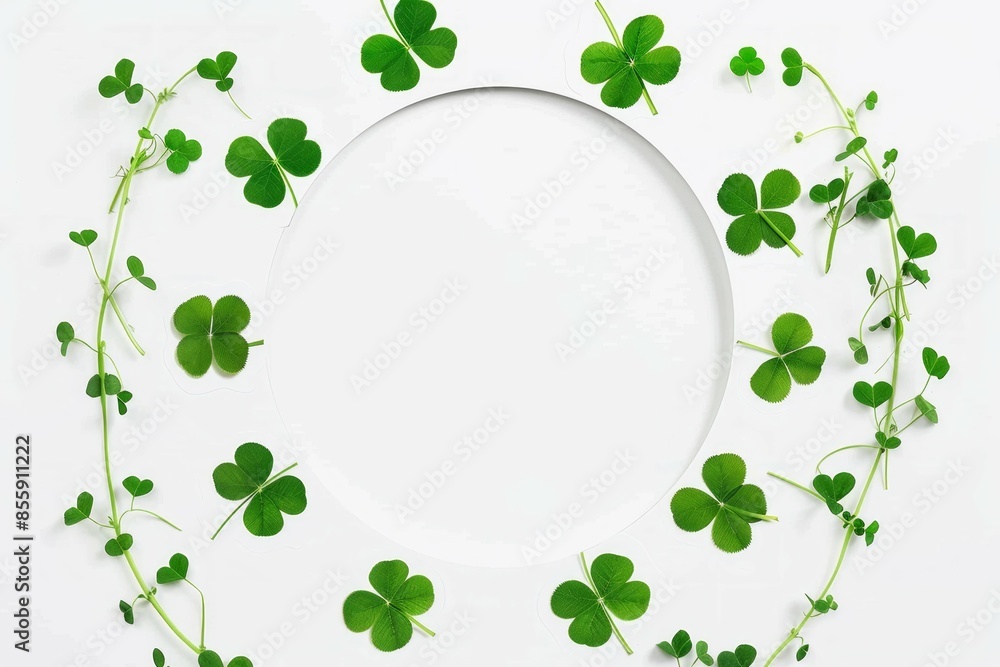 A circular green frame surrounded by a diverse array of clover leaves with varying shades of green, A circular green frame surrounded by a diverse array of clover leaves with varying shades of green,